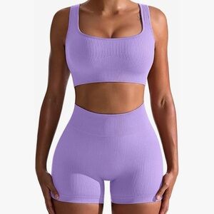 Amazon Lavender Ribbed Seamless Crop Bralette & High-Waist Shorts Set